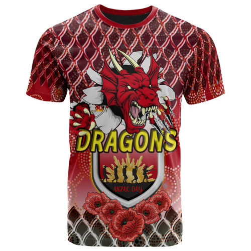 Australia Illawarra and St George T- Shirt- Aboriginal Inspired And Anzac Day With Dragons Poppy Flower Patterns T- Shirt