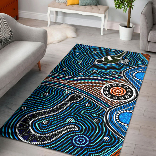 Australia Aboriginal Area Rug - Aboriginal dot painting depicting Fierce Snake and Magpies Australia Aboriginal Area Rug - Aboriginal dot painting depicting Fierce Snake and Magpies