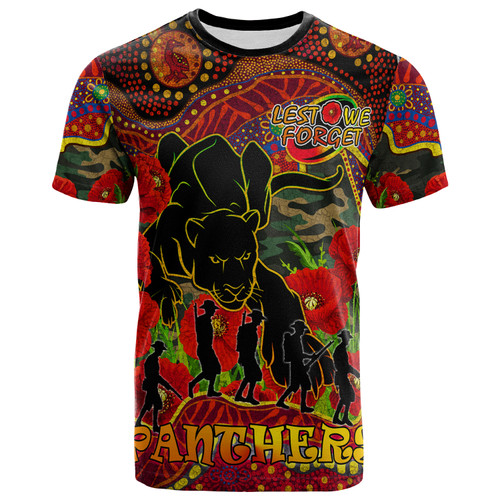 Penrith Panthers Anzac Day Custom T-shirt - Aboriginal Inspired Lest We Forget Penrith Panthers With Poppy Flower