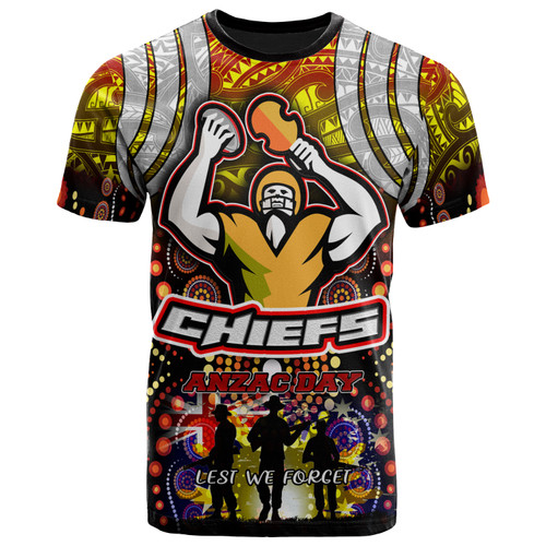 Chiefs Rugby T- Shirt-  Aboriginal Anzac Day '' Lest We Forget'' Chiefs With Maori Pattern T- Shirt