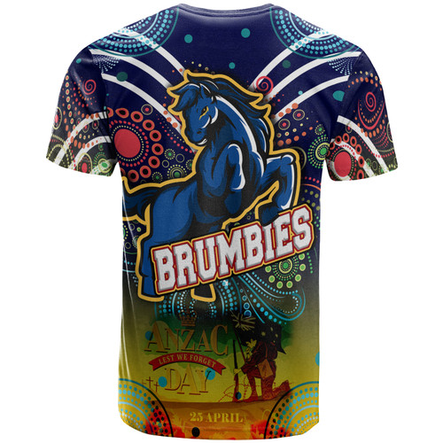Brumbies Rugby T- Shirt- Anzac Day "Lest We Forget" Brumbies Aboriginal Inspired Pattern With Horse T- Shirt Brumbies Rugby T- Shirt- Anzac Day "Lest We Forget" Brumbies Aboriginal Inspired Pattern With Horse T- Shirt