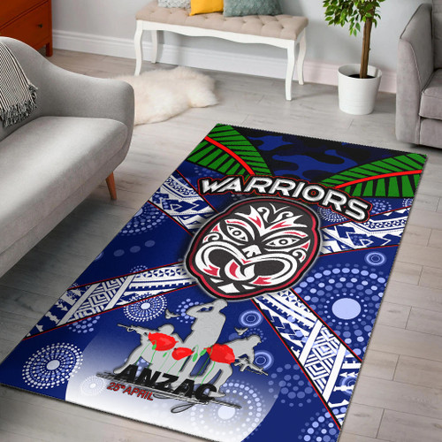 Warriors Rugby Area Rug - Aboriginal Dot Art Anzac Day Warriors With Poppy Flower Patterns Area Rug