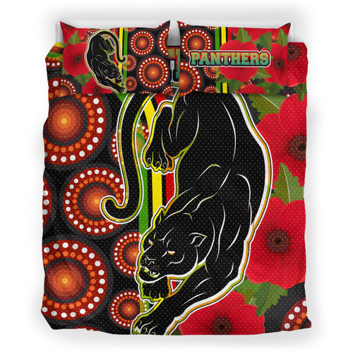 Penrith Panthers Bedding Set - Aboriginal Inspired Penrith Panthers Anzac Day Panther With Poppy Flower Bedding Set Penrith Panthers Bedding Set - Aboriginal Inspired Penrith Panthers Anzac Day Panther With Poppy Flower Bedding Set
