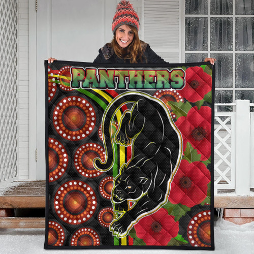 Penrith Panthers Quilt - Aboriginal Inspired Penrith Panthers Anzac Day Panther With Poppy Flower Quilt Penrith Panthers Quilt - Aboriginal Inspired Penrith Panthers Anzac Day Panther With Poppy Flower Quilt