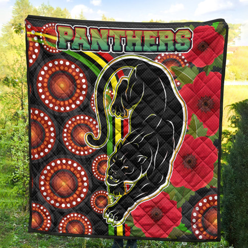 Penrith Panthers Quilt - Aboriginal Inspired Penrith Panthers Anzac Day Panther With Poppy Flower Quilt Penrith Panthers Quilt - Aboriginal Inspired Penrith Panthers Anzac Day Panther With Poppy Flower Quilt