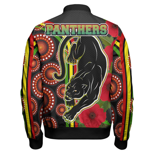 Penrith Panthers Bomber Jacket - Aboriginal Inspired Penrith Panthers Anzac Day Panther With Poppy Flower Bomber Jacket Penrith Panthers Bomber Jacket - Aboriginal Inspired Penrith Panthers Anzac Day Panther With Poppy Flower Bomber Jacket