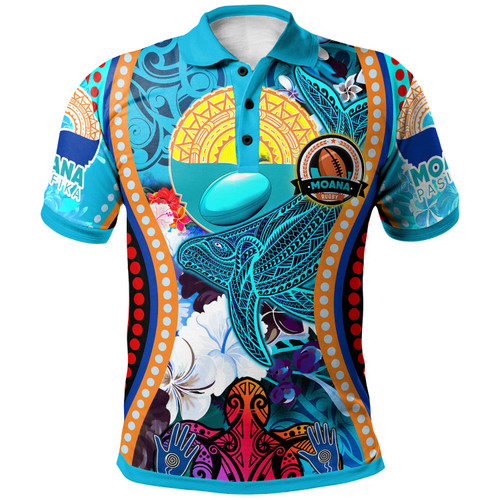 Pasifika Rugby Aboriginal Polynesian Polo Shirt - Moana Pasifika Ocean Humpback Whale With Rugby Ball And Blooming Hibiscus