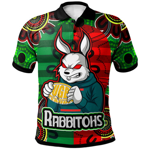 Rabbitohs Rugby Custom Polo Shirt - Rabbitohs With Rugby Ball Aboriginal Style Of Dot Painting Patterns Custom Polo Shirt