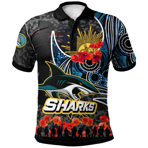 Sharks Rugby Polo Shirt - Cronulla-Sutherland Sharks Anzac Day with Poppy Flower Aboriginal Polo Shirt