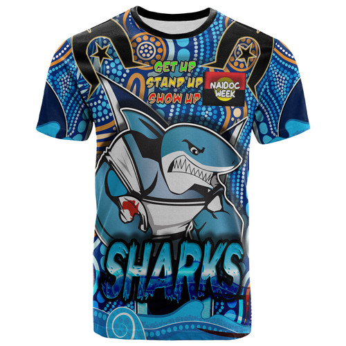 Sharks Rugby T- Shirt - Custom Sharks Rugby Ball With Aboriginal Culture And Naidoc Week "Get Up, Stand Up, Show Up" T- Shirt