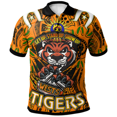Tigers Rugby Polo Shirt - Custom Naidoc Week Tigers Rugby Ball Aboriginal Culture "Get Up, Stand Up, Show Up" Polo Shirt