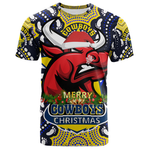 North Queensland Cowboys Christmas Custom T-Shirt - Merry Christmas North Queensland Cowboys With Dot Art Painting Footprints