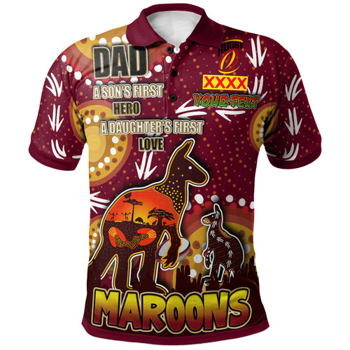 Maroons Rugby Polo Shirt - Custom Father's Day Kangaroo '' Dad A Son's First Hero, A Daughter's First Love'' Aboriginal Style Polo Shirt