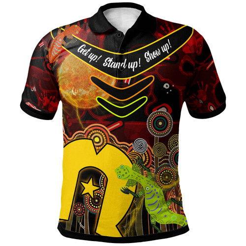 Australia Naidoc Week Polo Shirt - Boomerang Aboriginal Inspired Naidoc Week and Torres Strait Flag "Get up! Stand up! Show up!" Polo Shirt
