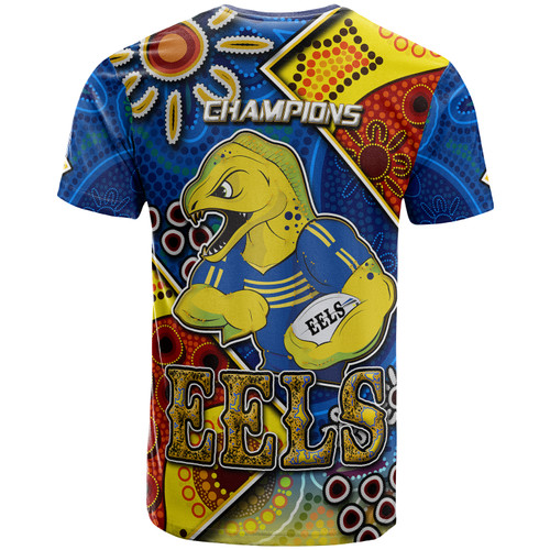 Parramatta Eels T-Shirt - Custom Parramatta Eels Ball With Aboriginal Inspired Art Personalised Player And Number T-Shirt Parramatta Eels T-Shirt - Custom Parramatta Eels Ball With Aboriginal Inspired Art Personalised Player And Number T-Shirt