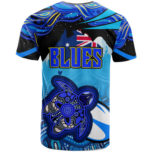 Australia Blues T-shirt - Blues Turtle and Mountain Aboriginal Inspired Culture T-shirt