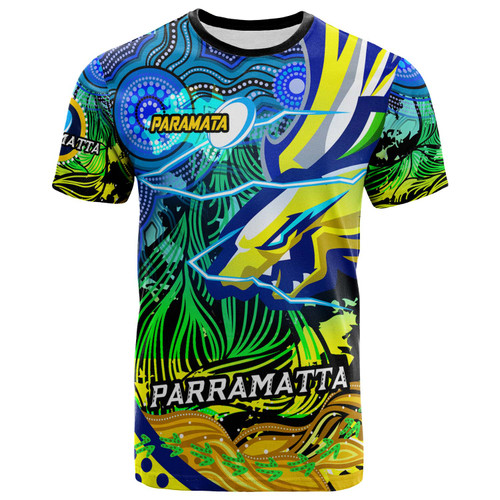 Parramatta Eels T-shirt - Custom Electric Parramatta Eels with Aboriginal Inspired Dot Painting Player And Number T-shirt