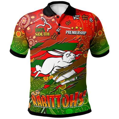 South Sydney Rabbitohs Polo Shirt - Custom 100% South South Sydney Rabbitohs Premiership with Aboriginal Inspired Culture Player And Number Polo Shirt