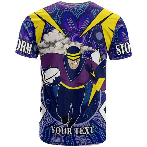 Melbourne Storm T-shirt - Custom Championship Melbourne Storm Mascot with Aboriginal Inspired Pattern Player And Number T-shirt Melbourne Storm T-shirt - Custom Championship Melbourne Storm Mascot with Aboriginal Inspired Pattern Player And Number T-shirt