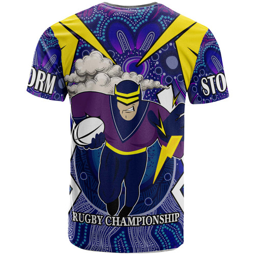 Melbourne Storm T-shirt - Custom Championship Melbourne Storm Mascot with Aboriginal Inspired Pattern Player And Number T-shirt Melbourne Storm T-shirt - Custom Championship Melbourne Storm Mascot with Aboriginal Inspired Pattern Player And Number T-shirt