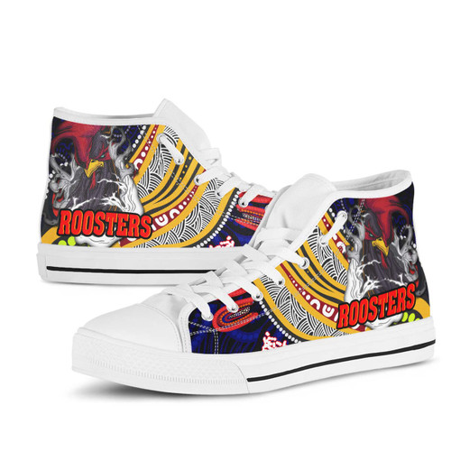 Sydney Roosters High Top Shoes - Angry Rooster with Aboriginal Inspired Indigenous Dot Painting Style Sydney Roosters High Top Shoes - Angry Rooster with Aboriginal Inspired Indigenous Dot Painting Style