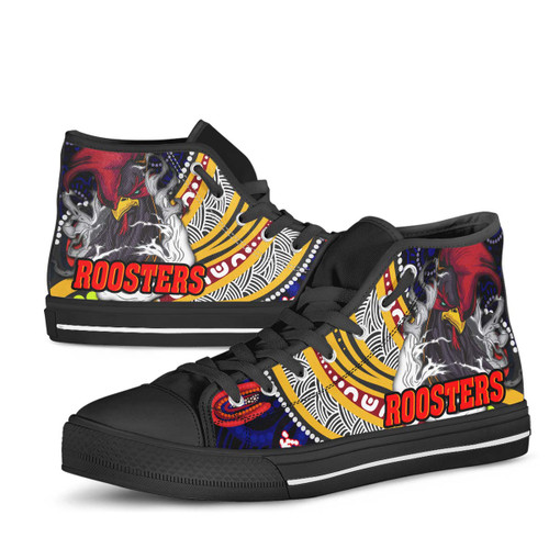 Sydney Roosters High Top Shoes - Angry Rooster with Aboriginal Inspired Indigenous Dot Painting Style Sydney Roosters High Top Shoes - Angry Rooster with Aboriginal Inspired Indigenous Dot Painting Style