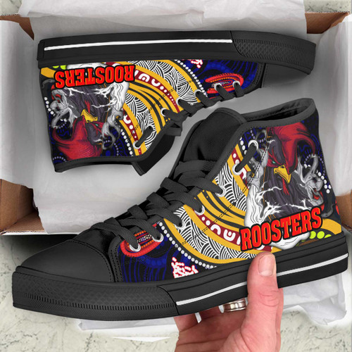 Sydney Roosters High Top Shoes - Angry Rooster with Aboriginal Inspired Indigenous Dot Painting Style Sydney Roosters High Top Shoes - Angry Rooster with Aboriginal Inspired Indigenous Dot Painting Style