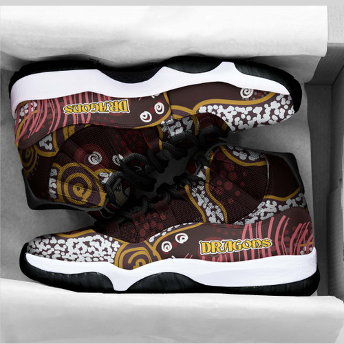 St. George Illawarra Dragons High Top Basketball Shoes J 11 - Dragon with Ball and Knight Contemporary Style of Aboriginal Inspired Sneakers J 11