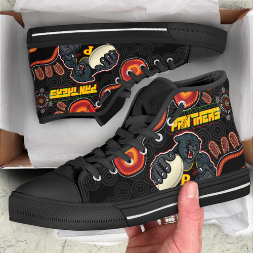 Penrith Panthers High Top Shoes - Penrith Panthers Aboriginal Inspired with Ball Indigenous Style of Dot Painting Traditional