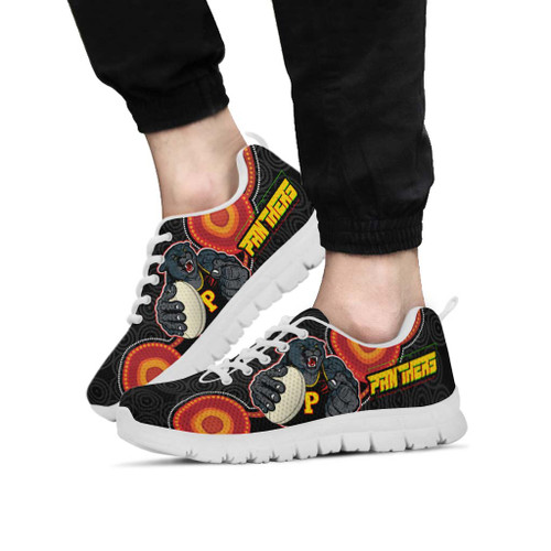 Penrith Panthers Sneakers - Penrith Panthers Aboriginal Inspired with Ball Indigenous Style of Dot Painting Traditional Sneakers Penrith Panthers Sneakers - Penrith Panthers Aboriginal Inspired with Ball Indigenous Style of Dot Painting Traditional Sneakers