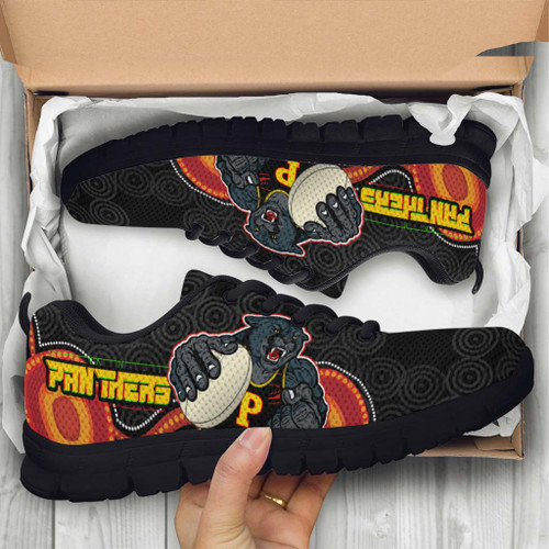 Penrith Panthers Sneakers - Penrith Panthers Aboriginal Inspired with Ball Indigenous Style of Dot Painting Traditional Sneakers Penrith Panthers Sneakers - Penrith Panthers Aboriginal Inspired with Ball Indigenous Style of Dot Painting Traditional Sneakers
