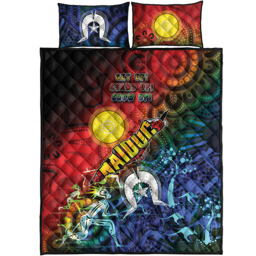 Australia Naidoc Week Quilt Bed Set - Naidoc Aboriginal Inspired Dot Art Painting With Hunting "Get up, Stand up, Show up," Quilt Bed Set Australia Naidoc Week Quilt Bed Set - Naidoc Aboriginal Inspired Dot Art Painting With Hunting "Get up, Stand up, Show up," Quilt Bed Set