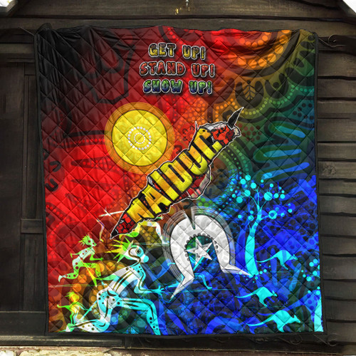 Australia Naidoc Week Quilt - Naidoc Aboriginal Inspired Dot Art Painting With Hunting "Get up, Stand up, Show up," Quilt Australia Naidoc Week Quilt - Naidoc Aboriginal Inspired Dot Art Painting With Hunting "Get up, Stand up, Show up," Quilt