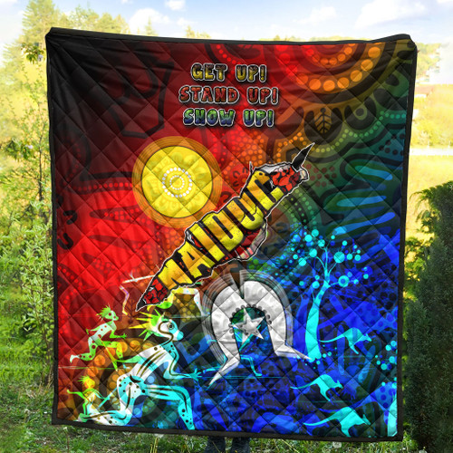 Australia Naidoc Week Quilt - Naidoc Aboriginal Inspired Dot Art Painting With Hunting "Get up, Stand up, Show up," Quilt Australia Naidoc Week Quilt - Naidoc Aboriginal Inspired Dot Art Painting With Hunting "Get up, Stand up, Show up," Quilt