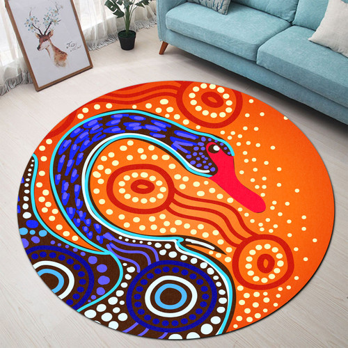 Australia Aboriginal Round Rug - Aboriginal Dot Art With Black Swan Round Rug Australia Aboriginal Round Rug - Aboriginal Dot Art With Black Swan Round Rug