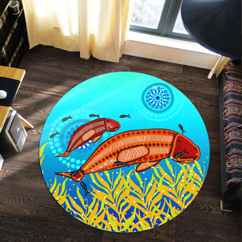 Australia Aboriginal Round Rug - Aboriginal Dot Art Painting Mother And Baby Dugong Round Rug Australia Aboriginal Round Rug - Aboriginal Dot Art Painting Mother And Baby Dugong Round Rug