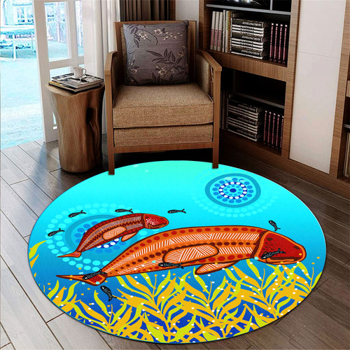 Australia Aboriginal Round Rug - Aboriginal Dot Art Painting Mother And Baby Dugong Round Rug Australia Aboriginal Round Rug - Aboriginal Dot Art Painting Mother And Baby Dugong Round Rug