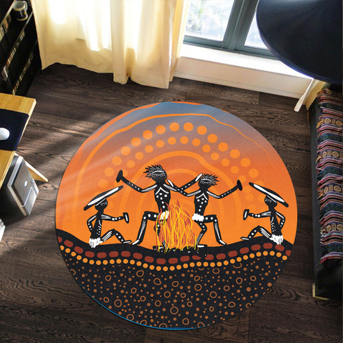 Australia Aboriginal Round Rug - People dancing around the campfire aboriginal art Round Rug