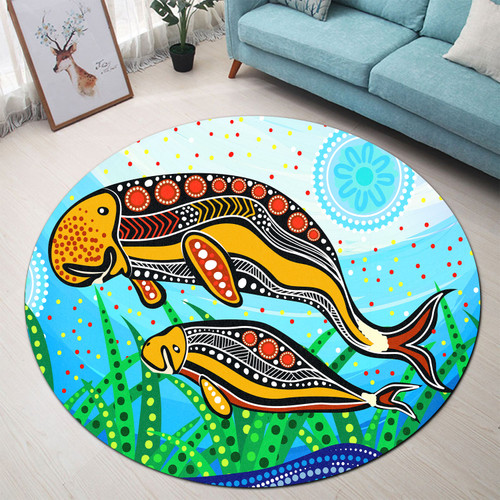 Australia Aboriginal Round Rug - Indigenous Dugong aboriginal artwork with mother and baby Round Rug Australia Aboriginal Round Rug - Indigenous Dugong aboriginal artwork with mother and baby Round Rug