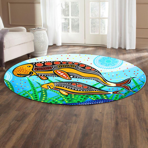 Australia Aboriginal Round Rug - Indigenous Dugong aboriginal artwork with mother and baby Round Rug Australia Aboriginal Round Rug - Indigenous Dugong aboriginal artwork with mother and baby Round Rug