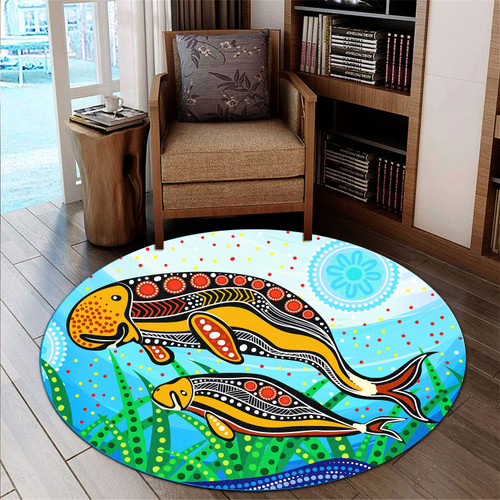 Australia Aboriginal Round Rug - Indigenous Dugong aboriginal artwork with mother and baby Round Rug Australia Aboriginal Round Rug - Indigenous Dugong aboriginal artwork with mother and baby Round Rug