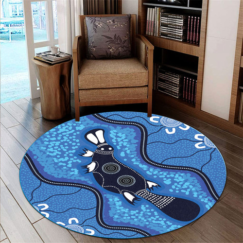 Australia Aboriginal Round Rug - Indigenous Platypus Aboriginal blue dot art background Round Rug Australia Aboriginal Round Rug - Indigenous Platypus Aboriginal blue dot art background Round Rug