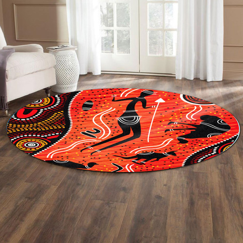 Australia Aboriginal Round Rug - Indigenous Aussie Aboriginals Hunting With Spear Art Round Rug