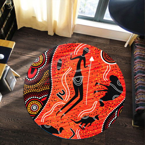 Australia Aboriginal Round Rug - Indigenous Aussie Aboriginals Hunting With Spear Art Round Rug