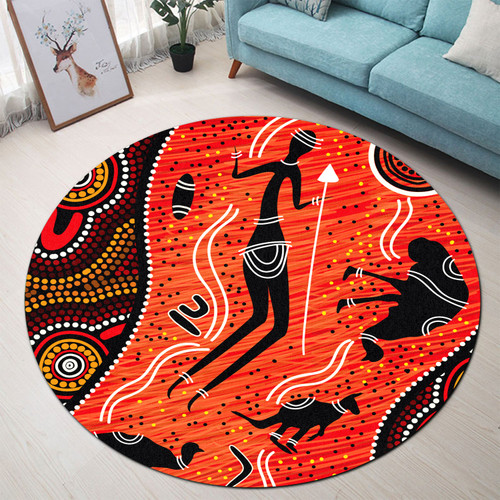 Australia Aboriginal Round Rug - Indigenous Aussie Aboriginals Hunting With Spear Art Round Rug