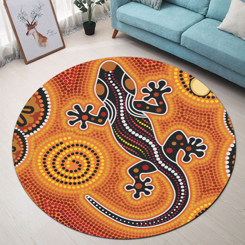 Australia Aboriginal Round Rug - Aboriginal dot art background with lizard Round Rug Australia Aboriginal Round Rug - Aboriginal dot art background with lizard Round Rug