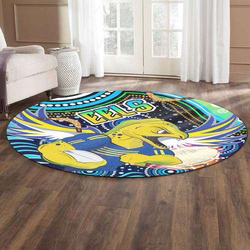 Parramatta Eels Round Rug - Parramatta Eels with Aboriginal Inspired Pattern Indigenous Round Rug Parramatta Eels Round Rug - Parramatta Eels with Aboriginal Inspired Pattern Indigenous Round Rug