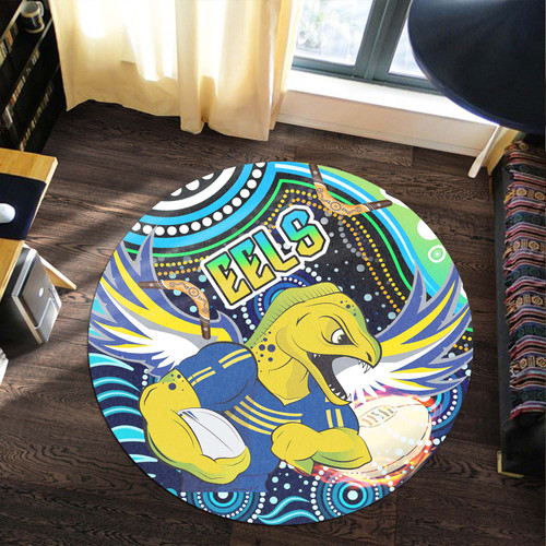 Parramatta Eels Round Rug - Parramatta Eels with Aboriginal Inspired Pattern Indigenous Round Rug Parramatta Eels Round Rug - Parramatta Eels with Aboriginal Inspired Pattern Indigenous Round Rug