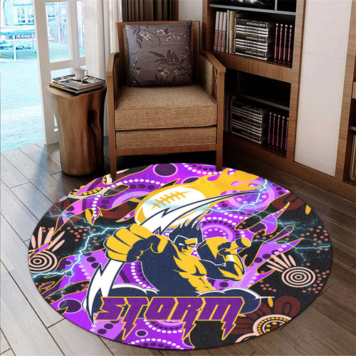 Melbourne Storm Round Rug - Melbourne Storm Team with Aboriginal Inspired Dot Painting and Indigenous Pattern Round Rug Melbourne Storm Round Rug - Melbourne Storm Team with Aboriginal Inspired Dot Painting and Indigenous Pattern Round Rug