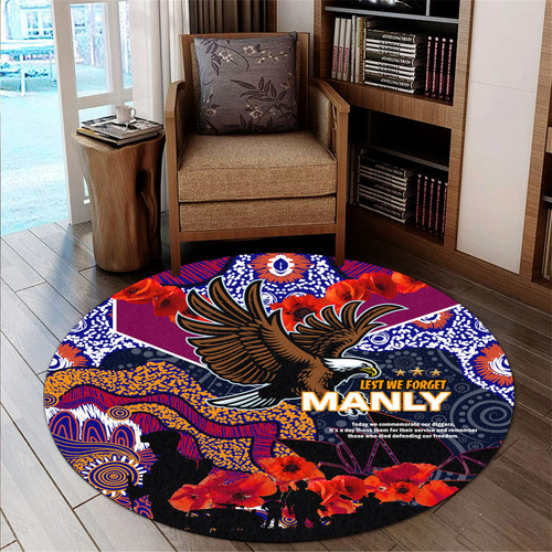 Manly Warringah Sea Eagles Anzac Round Rug - Lest We Forget Aboriginal Inspired Patterns Round Rug Manly Warringah Sea Eagles Anzac Round Rug - Lest We Forget Aboriginal Inspired Patterns Round Rug